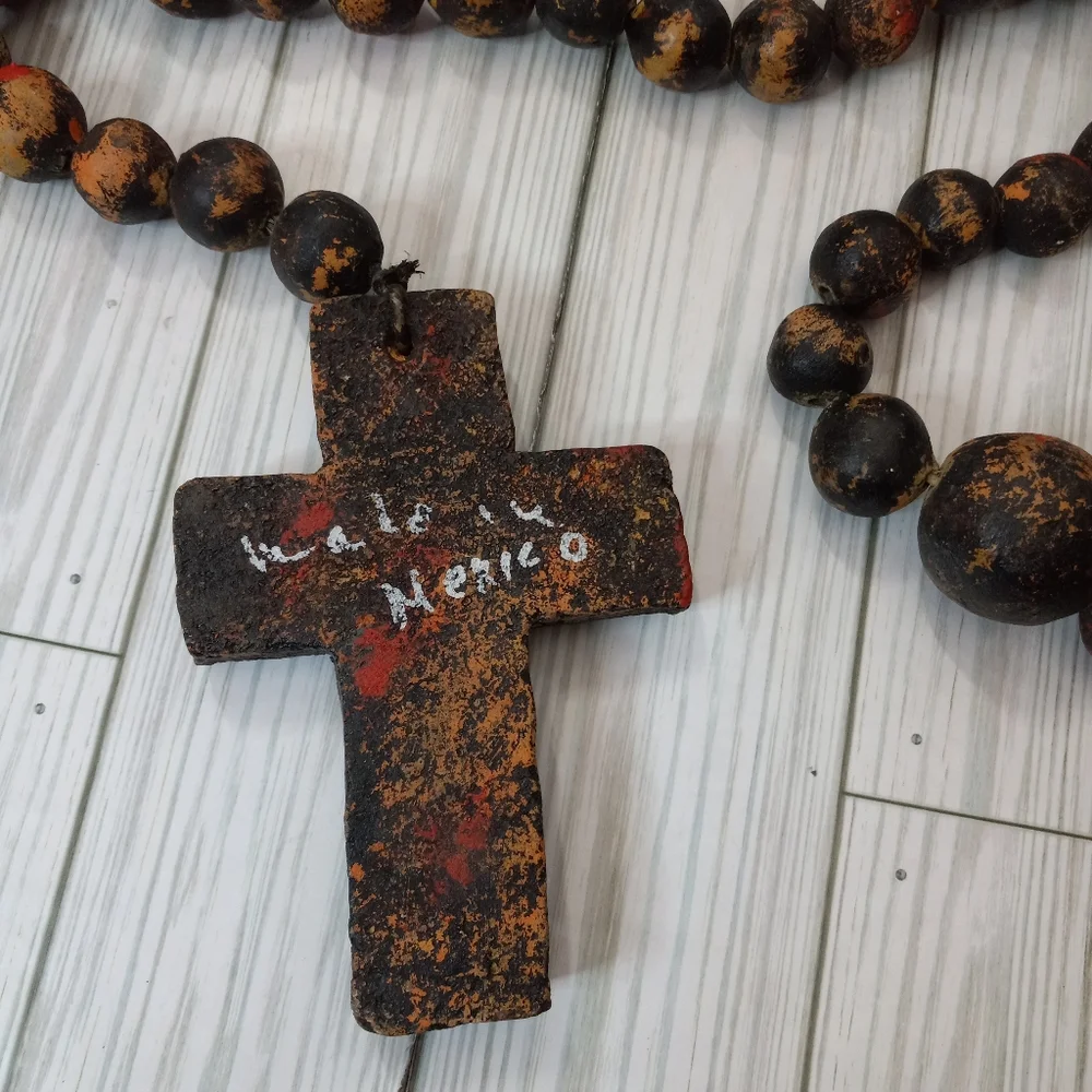Mexican Clay Pottery Jumbo Rosary Rustic Prayer Beads Decor - Picture 3 of 7
